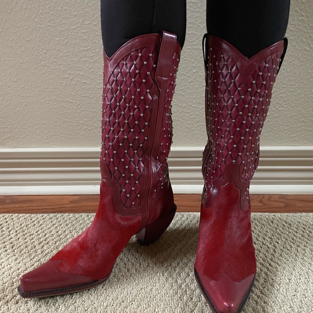 RARE Donald Pliner Ruby Red Hair On Hide Western Boots (8) - Picture 2 of 14